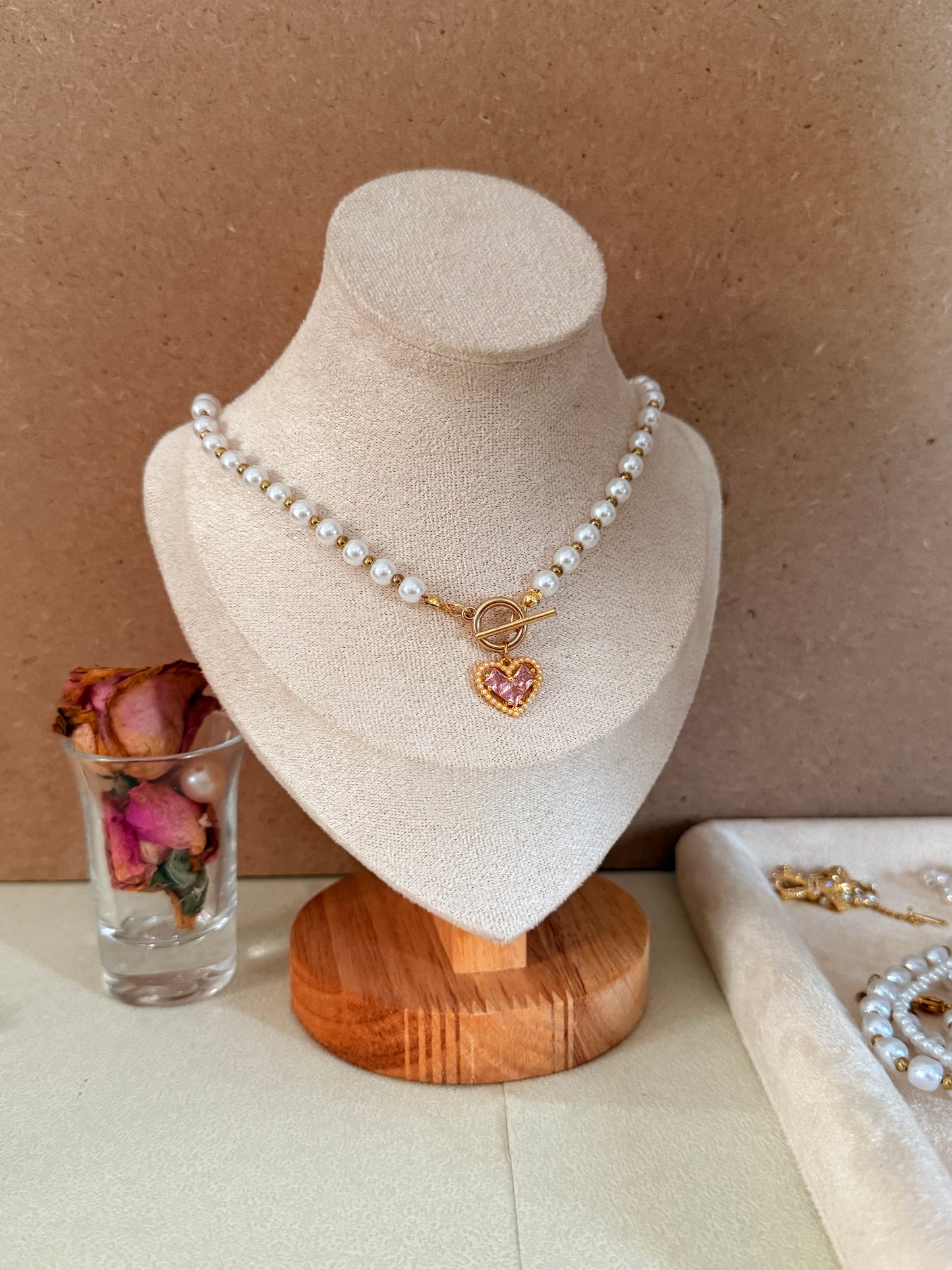 Pearl Necklace with Pink heart charm