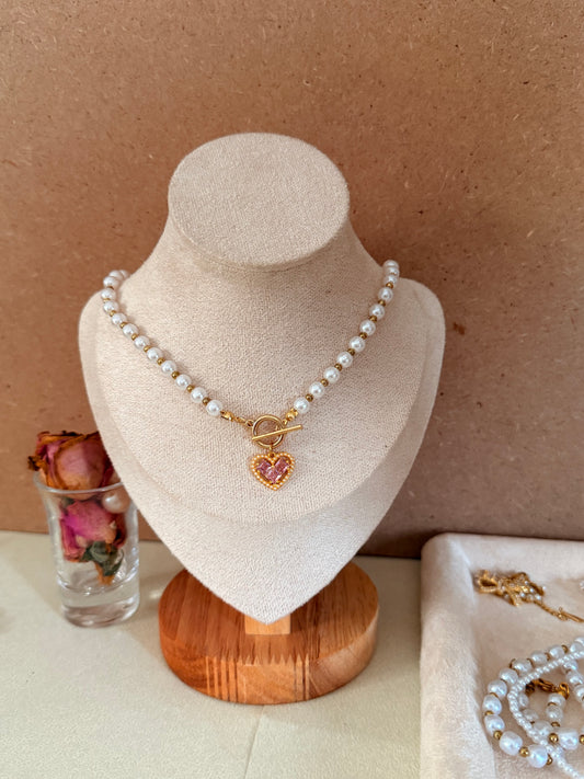 Pearl Necklace with Pink heart charm